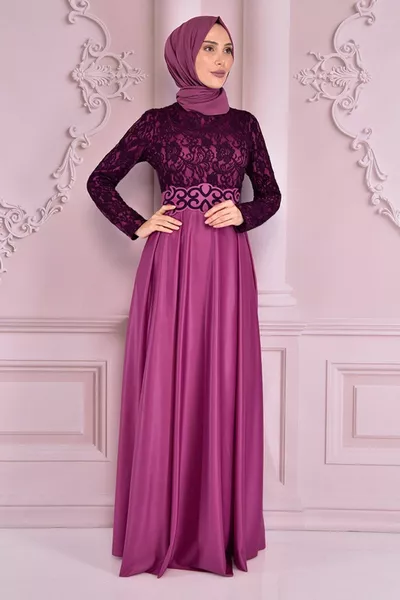Lace Detail Evening Dress Dark Dried Rose 