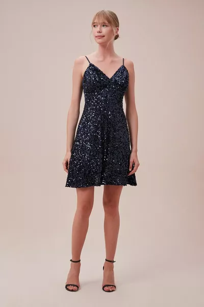 Navy Blue Sequin Embroidered Short Dress with Thin Straps