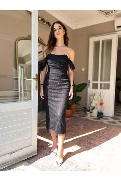 Off Shoulder Lacquered Mesh Fabric Pencil Skirt Evening Dress