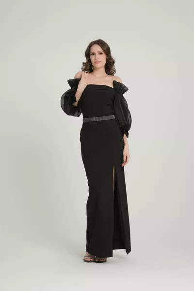 Manica con scollo a barca Truvakar Chiffon Sleeve Belt Detailed Long Evening Dress donna