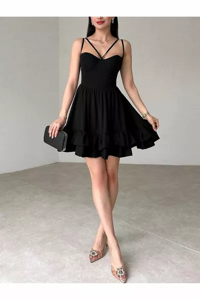 Schwarzes Brustwürfel-Rüschenrock-Designkleid für Damen mit Schmetterlingsriemen