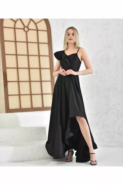 WOMEN'S ONE SHOULDER RUFFLED COBE SATIN DRESS