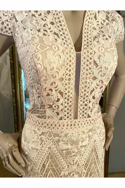 Powder evening dress and evening dress with lace detail on tulle