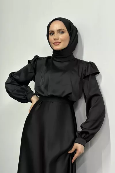 Cera Omzu Fırfır Saten Abiye Siyah