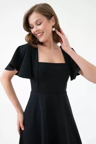 المرأة الأكمام انتفخ أسود بسط سكوبا كريب النسيج مربع الرقبة ميدي طول مساء اللباس 