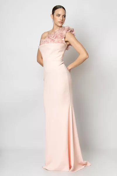 Abendkleid aus Crêpe mit Meerjungfrauenrock mit Bibila von der Brust bis zu einer Schulter