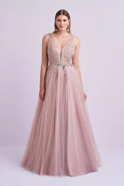 Lange avondjurk met lila bandjes en tule rok voor dames 