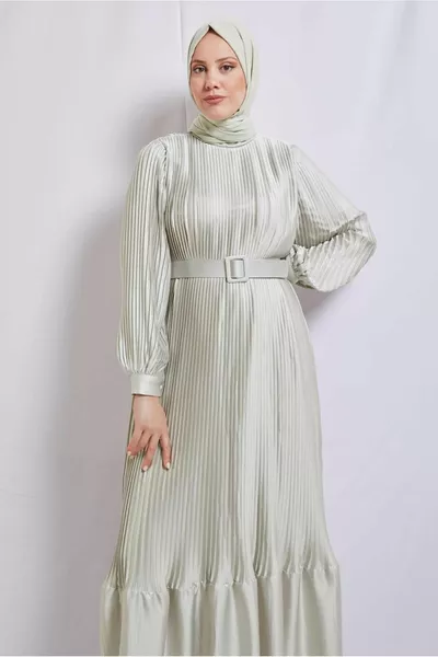 ABITO DA SERA DONNA PLISSETTATO CON CINTURA BEIGE (STONE) T 