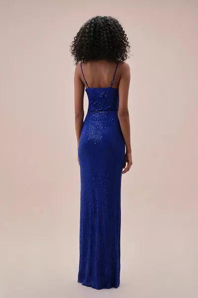 Thin Strap Sequin Embroidered Long Evening Dress with Deep Slit