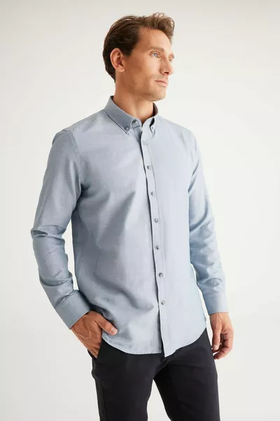 Oxford gris col boutonné homme Chemise slim fit en coton facile à repasser