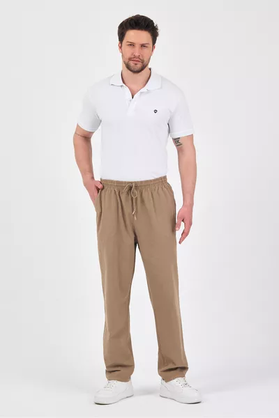 Erkek Vizon Regular Fit Keten Pantolon - Beli Lastikli, Pamuklu, Yazlık
