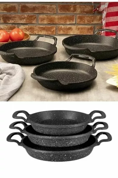 Siyah 3'lü Granit Döküm Sahan Seti Paslanmaz Çelik Sahan Tava Seti Yumurta Tavası (CM)