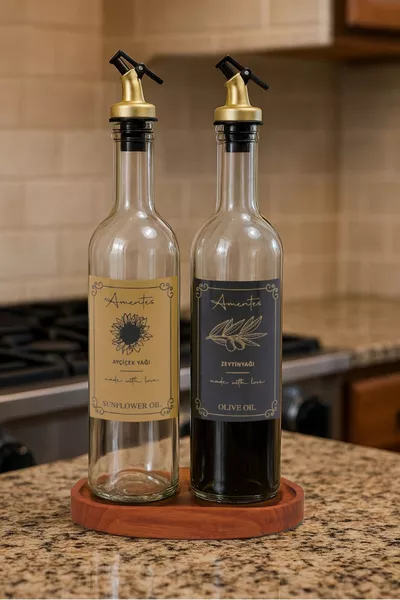 Amber 2-Piece ml Olive Oil and Vegetable Oil Bottle with Wooden Stand, Glass Oil Dispenser, Gold