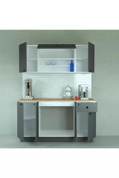  cm Ready-Made Kitchen with Wooden MDF Countertop and Anthracite Doors