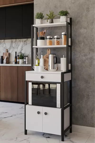 خزانة متعددة الأغراض بيضاء ببابين ودرجين للمطبخ، مناسبة لفرن الميكروويف والفرن الصغير