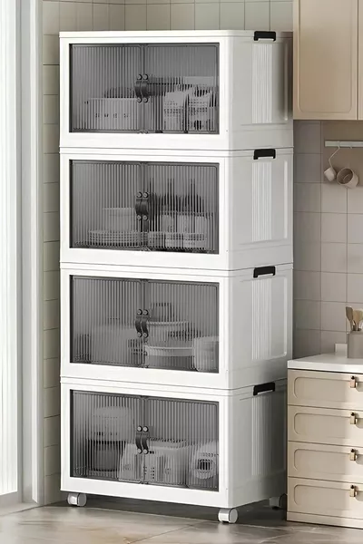 خزانة منظمة متعددة الأغراض قابلة للتكديس بعجلات وغطاء، باللون الأبيض