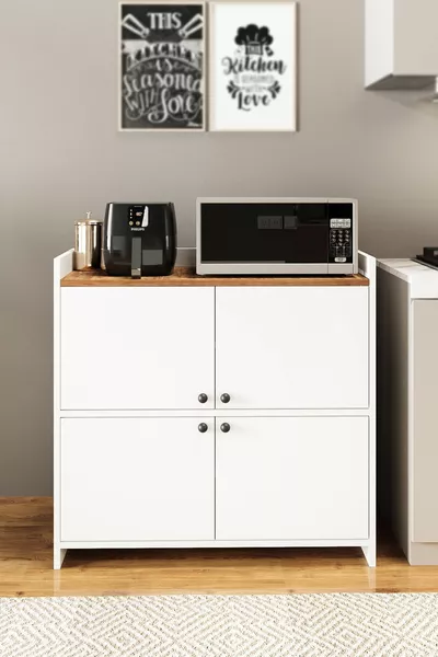  FORUM BIANCO/PINO ARMADIO MULTIUSO CON 4 ANTE E 4 RIPIANI, SCARPIERA, ANGOLO CAFFÈ