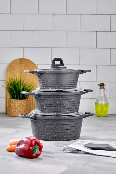 Gusseisen 6-teiliges Granit-Topfset - Antihaft,  cm - Mit Deckel