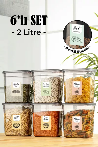 Комплект от 6 цветни етикетирани правоъгълни контейнера Peggy 2 литра, антрацит