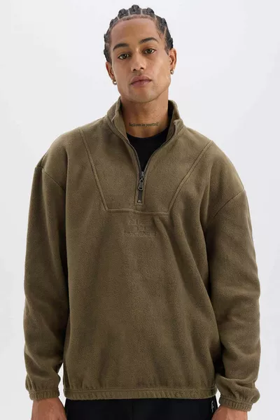 Comfort Regular Fit Rahat Kalıp Dik Yaka Baskılı Polar Sweatshirt AU