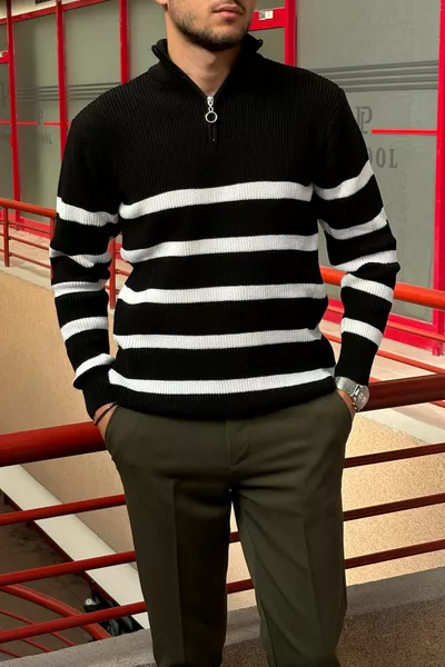 Gestreepte, halve rits, opstaande kraag, gebreide trui met patroon, wintertrui 