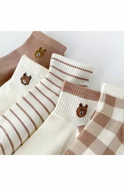 Женские носки-пинетки с разноцветным узором медведя - стильные и удобные носки-пинетки, 5 пар