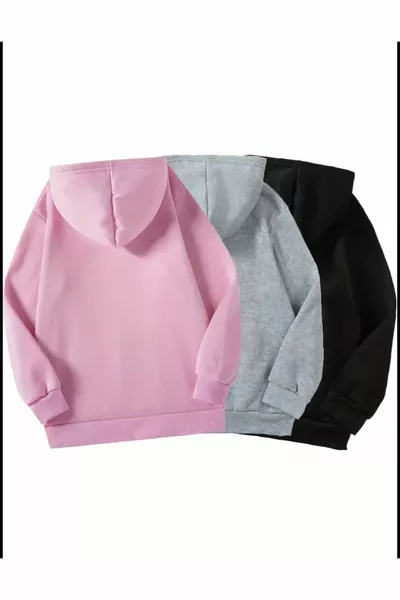 مجموعة مكونة من 3 قطع للأطفال البنات، سويت شيرت بغطاء رأس من KidLife ومطبوع عليه قلوب باللون الوردي والأسود والرمادي