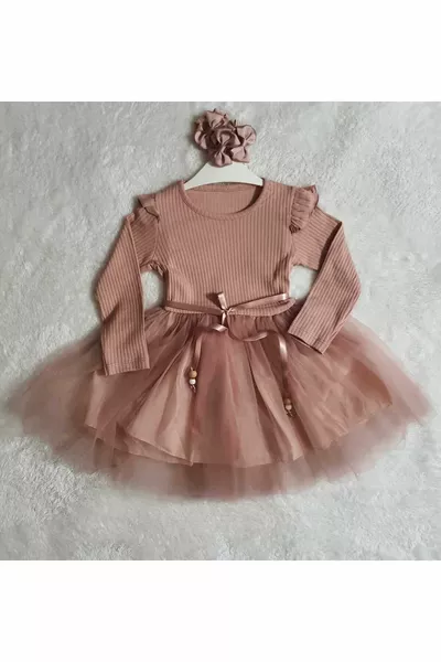 فستان طويل للفتيات الصغيرات، من القطن التل بلون وردي باهت، بأكمام طويلة، مناسب للمناسبات الخاصة وأعياد الميلاد، هدية يومية، فستان أميرة