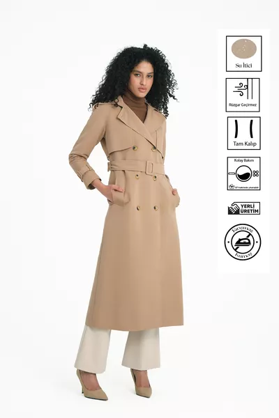 Water-Repellent Raglan Sleeve Mid-Length Trench Coat Mocha Mousse 