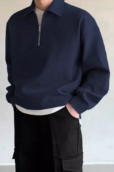 Мъжки суитшърт с якичка, оувърсайз и половин цип