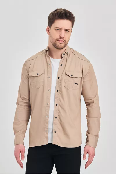 Мужская рубашка Slim Fit, мужская бежевая джинсовая рубашка