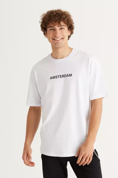 Men's White Oversized Fit % Cotton Loose Crew Neck Amsterdam Printed T-Shirt