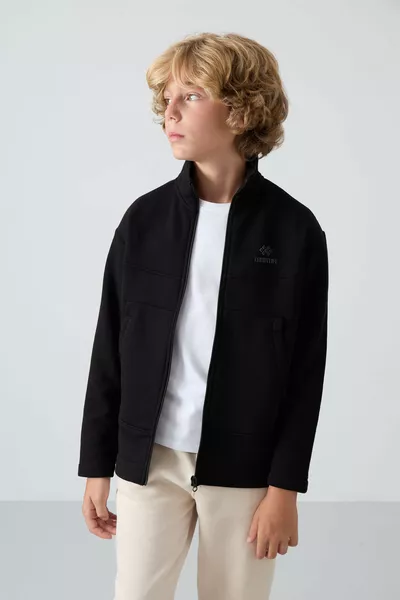 Sweat-shirt garçon en coton noir, épais, doublé en polaire, texture douce, coupe standard, brodé - 