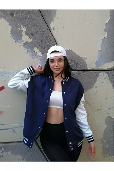 Unisex Donkerblauw-Witte Collegejas met Knopen