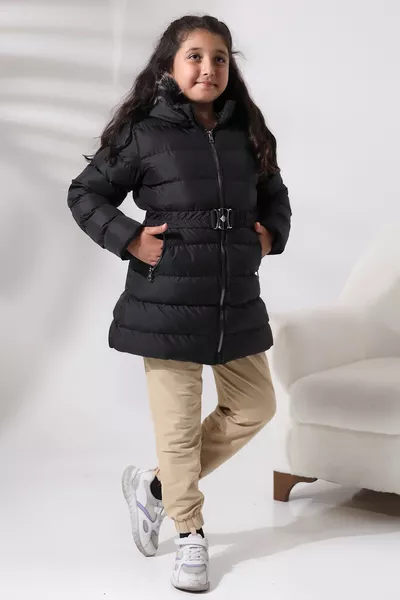 معطف بنات TALS MODA أسود مع حزام وتبطين فليس