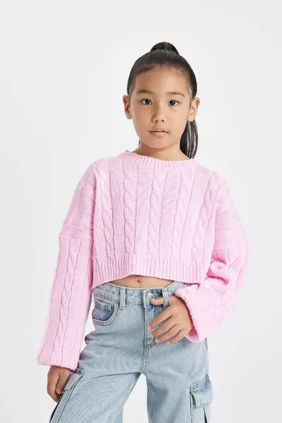 Girls' Crop Crew Neck Braided Knit Sweater au