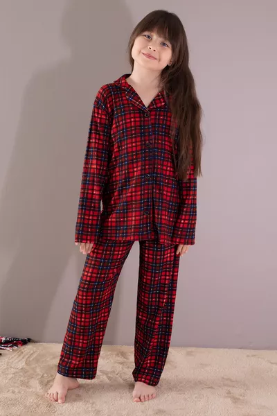 Red Plaid Buttoned Girls' Pajama Set 