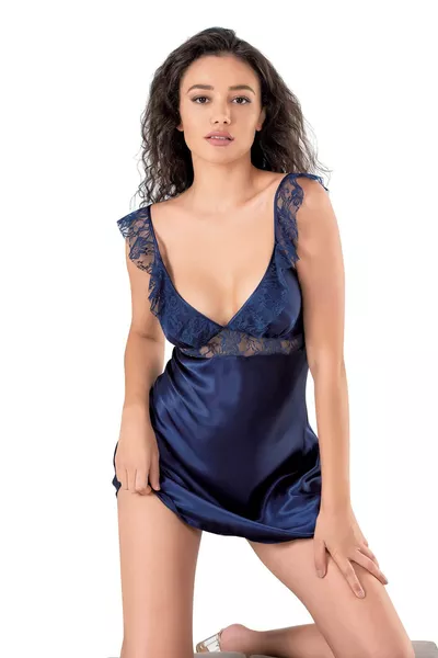 قميص نوم ساتان قصير باللون الأزرق الداكن 