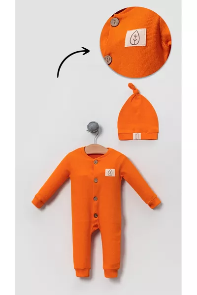 Unisex Schattige Babypak met Hoed en Houten Knopen - Oranje