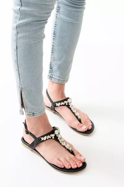  Zwart Zilveren Stenen Teenslippers