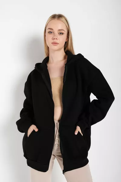 Дамски черен суитшърт оувърсайз с цип