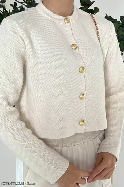 المرأة طاقم الرقبة الذهب زر مفصلة تريكو كارديجان