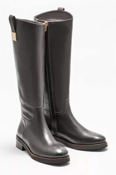 Кофейная кожа женские сапоги на плоской подошве