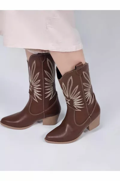 Tan Skin Western Decorative Embroidered Cowboy Women's Boots