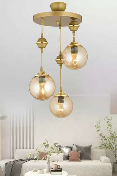 Plafonnier de luxe suspendu avec plateau en applique patiné, set de 3 globes en verre à miel orientés vers le bas