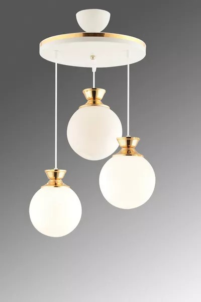 Dilara 3 Lü Tepsi Beyaza Gold Yuvarlak Camlı Salon Avizesi