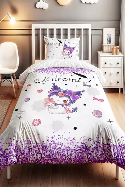 Purple Sequins and Cute Kuromi Pattern Single Baby Kids Duvet Cover Set