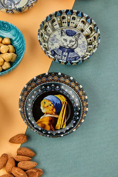 Set of 6 Various Cat-Patterned Sauce, Snack, and Serving Bowls/Plates / Made of Light Thin Metal