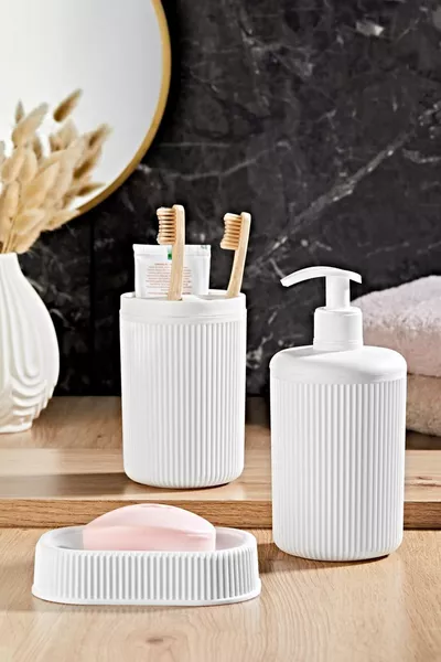 Weißes 3-teiliges Badezimmer-Set mit Linienmuster, Seifenschale, Zahnbürstenhalter, Flüssigseifenspender 