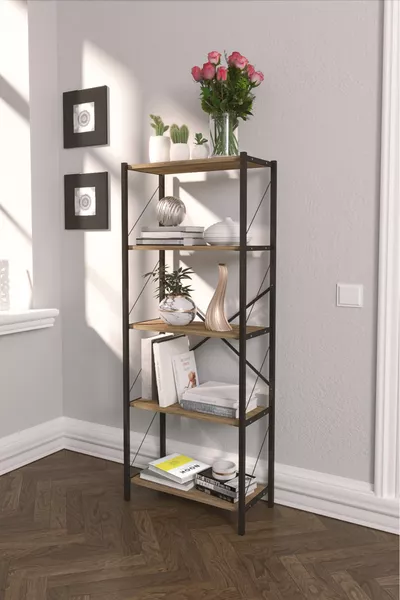 Metal Bookshelf 5-Tier Decorative Bookshelf File Book Shelf Office Home Shelf Book Shelf Atlantic Pine